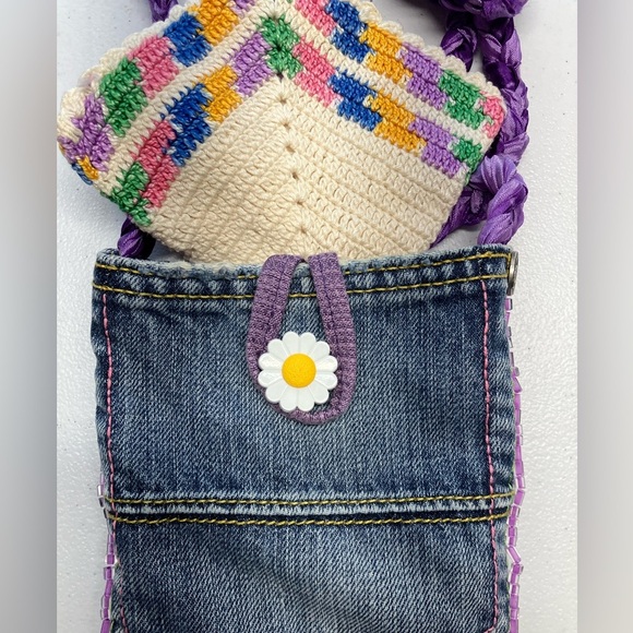 Handmade Upcycled Denim Crossbody Purse, Faded Blue Denim, Bling, Woven Strap - Picture 6 of 7